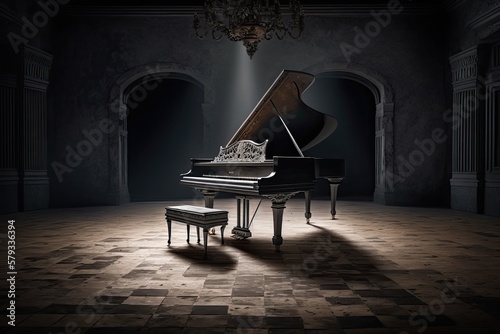 A grand piano is pictured with a dark background and textured floor. Generative AI