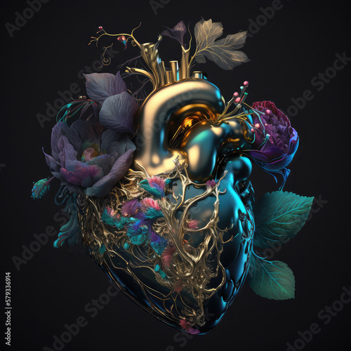 Human heart with flowers. Creative concept art. Generative AI