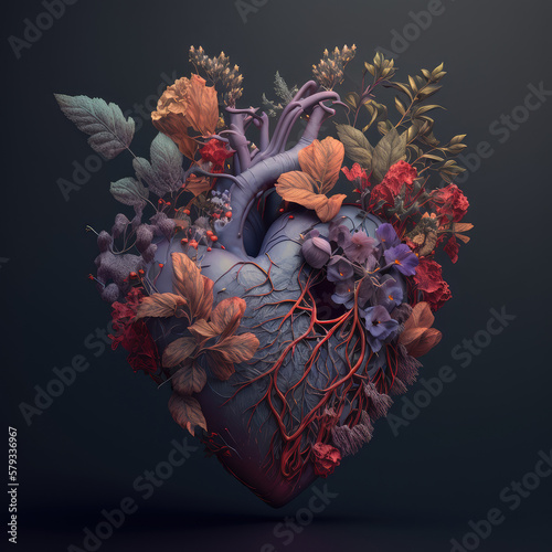 Human heart with flowers. Creative concept art. Generative AI