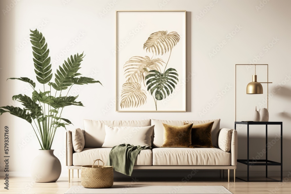 Mockup of a poster on the floor in a minimalist living room with a beige sofa, palm leaf accents, and a neutral backdrop color. Illustration,. Generative AI - obrazy, fototapety, plakaty 