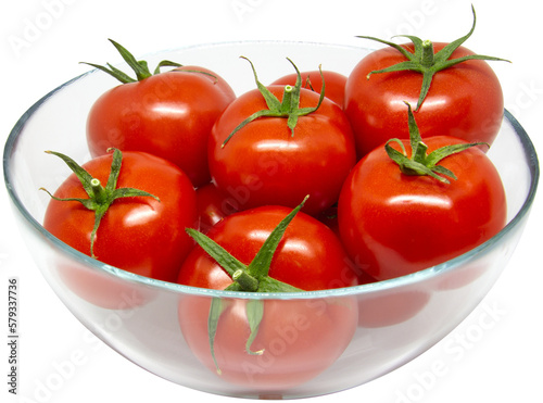 transparent bowl with red tomatoes, isolated on transparent or white background, png, mockup