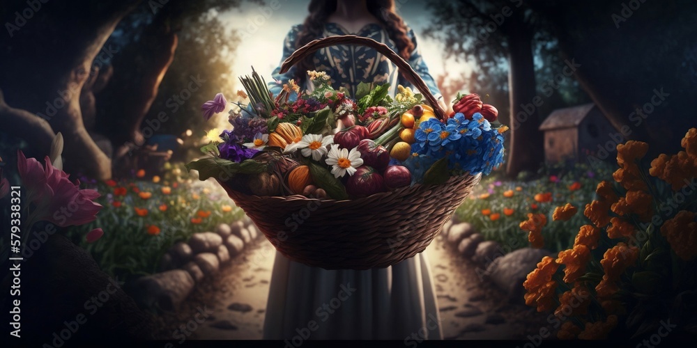 Woman holding a basket of flowers in garden . Generative ai
