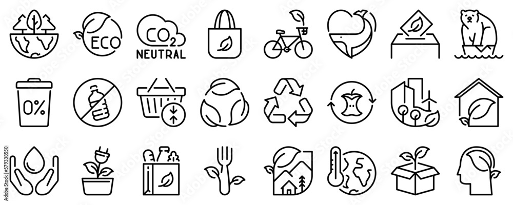 Line icons about eco lifestyle on transparent background with editable stroke.