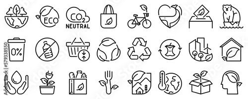 Line icons about eco lifestyle on transparent background with editable stroke.
