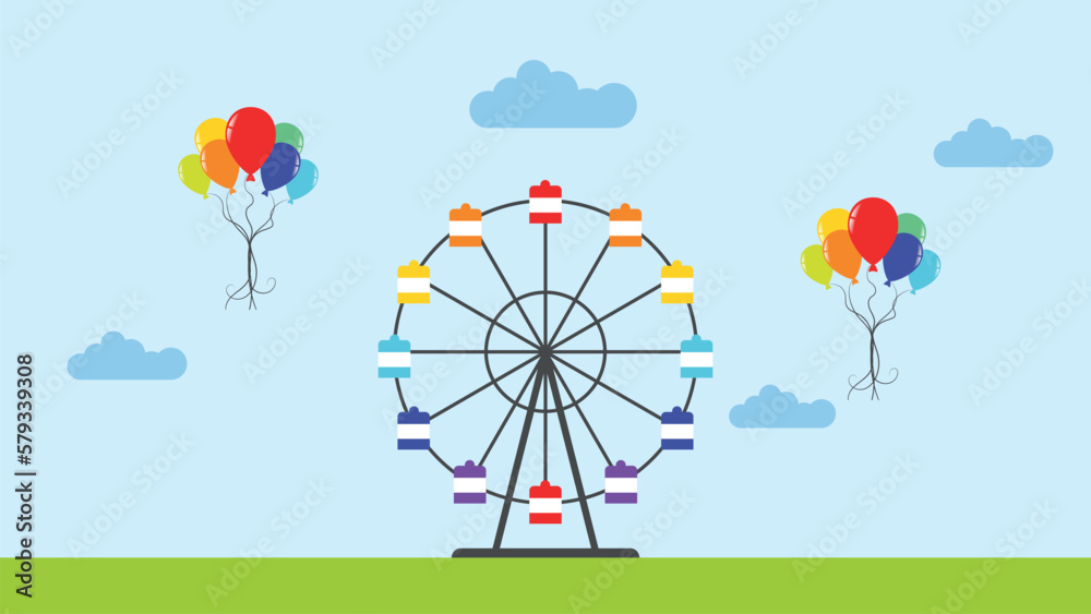 amusement park with ferris wheel. carousel in summer with green grass ...