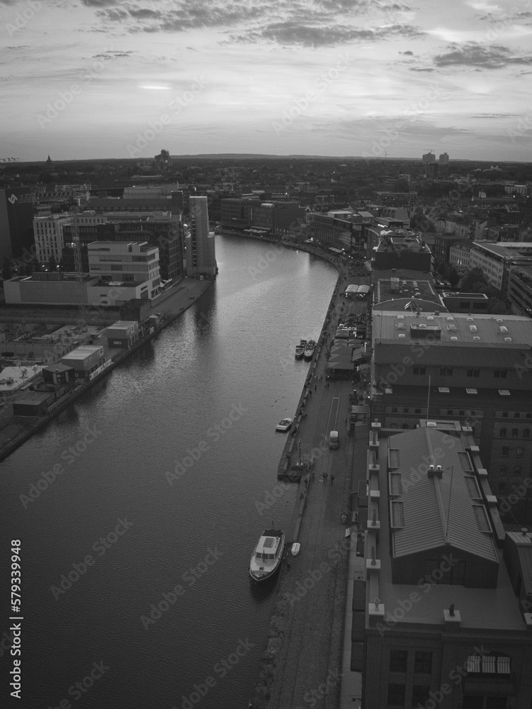 Black and white aerial view of the Muenster harbor in Muenster, Germany