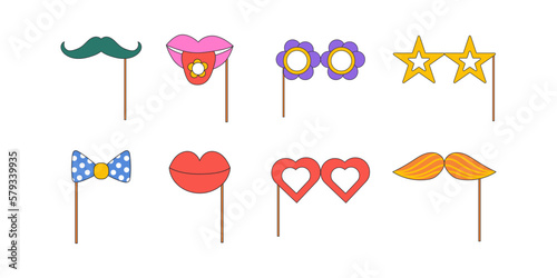 Collection of design elements glasses, mustache, mouth. Paper props for party. Masks for a photo shoot. Vector illustration on white background
