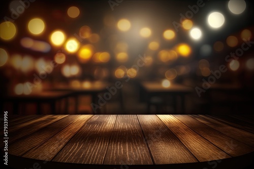 Scene at a nightclub  bar  or restaurant featuring a real wood table with light reflection. Use a blurred background for your next product display or montage to suit any concept  theme  or event