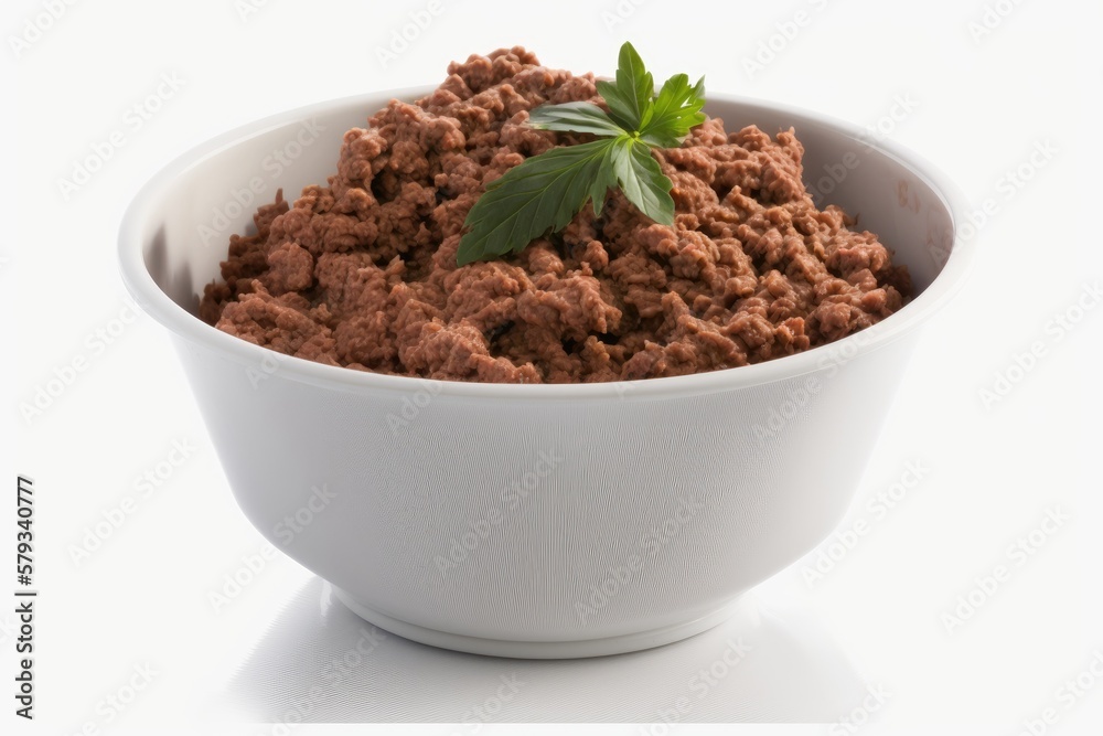 100% natural pet food. Raw ground meat sitting in a bowl against a white background. Generative AI 100% natural pet food. Raw ground meat sitting in a bowl against a white background. Generative AI