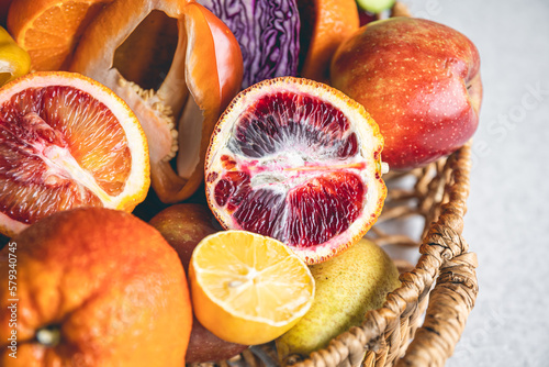Fototapeta Naklejka Na Ścianę i Meble -  Big basket with fruits and vegetables, close-up.