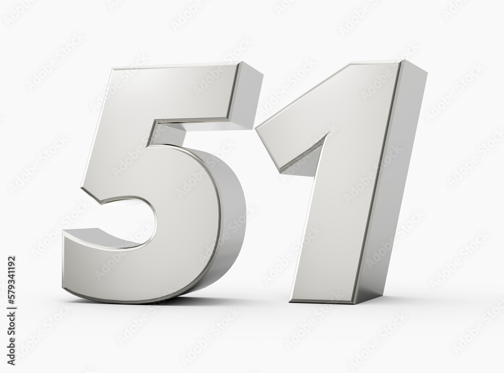 Silver 3d numbers 51 Fifty one. Isolated white background 3d illustration Silver 3d numbers 51 Fifty one. Isolated white background 3d illustration