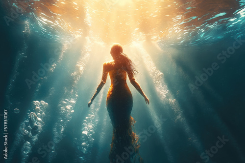Back view of a woman in a dress under water. Generative AI