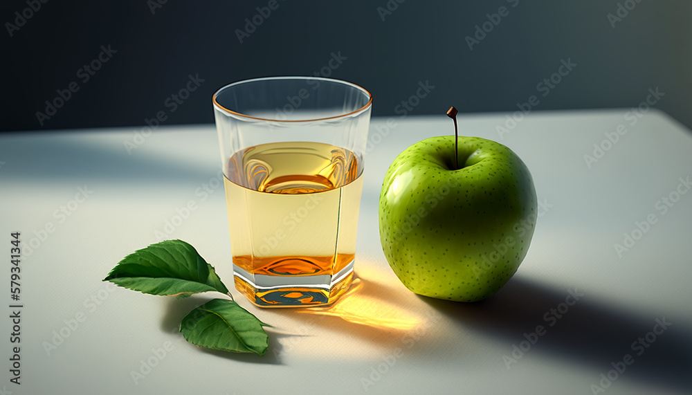A glass of apple juice and an apple, generative AI. A glass of apple juice and an apple, generative AI.