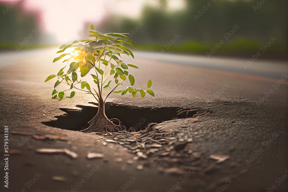 Tree growing through a piece of asphalt. Positive climate prospect an Earth Day protection concept. Afternoon backlit with blurred forest in background. Created with Generative AI. - obrazy, fototapety, plakaty 