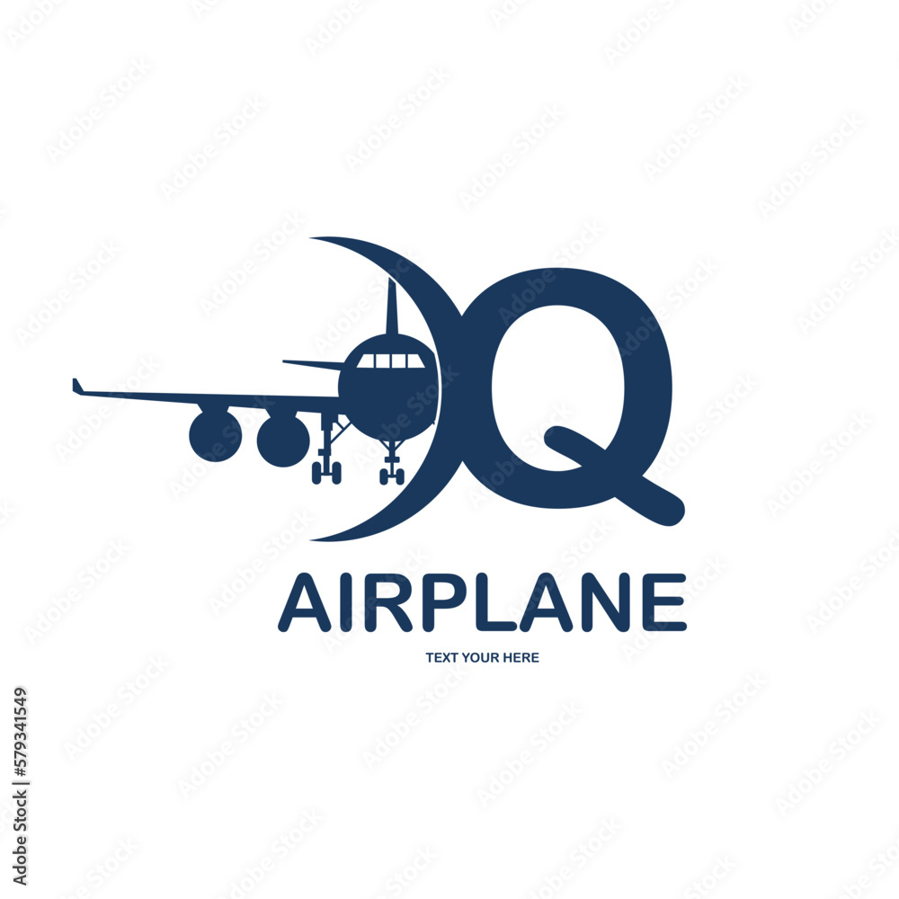 Letter Q with airplane vector logo template. Fonts for event, promo, logo, banner, monogram and poster. Alphabet label symbol for branding and identity