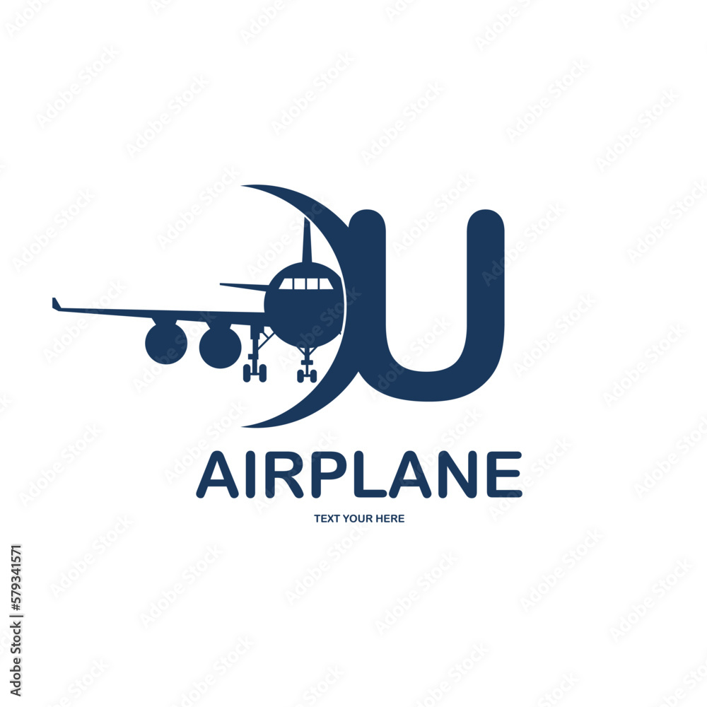 Letter U with airplane vector logo template. Fonts for event, promo, logo, banner, monogram and poster. Alphabet label symbol for branding and identity