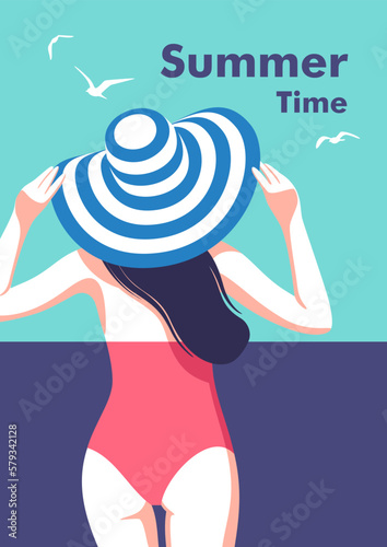 Summer holidays. Attractive young woman in red swimsuit and hat walking on the beach. Sea, sky, gulls, girl. Vector illustration in minimalistic style for posters, cover art, flyer, banner.