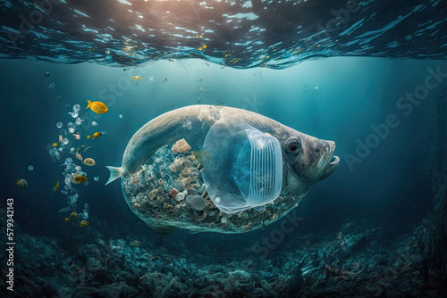 Pollution from plastics is a worry for the environment. Fish swimming near a plastic bag. Generative AI