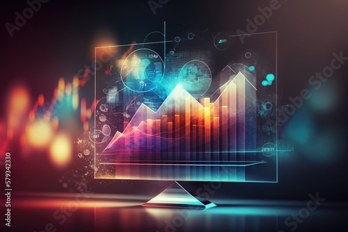 Abstract creative holographic financial chart with double exposure on a modern corporate office background, research and strategy concept. Generative AI