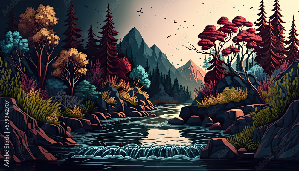 Beautiful landscape in the mountain with a river and many vegetation. Generative AI