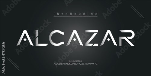 Alcazar digital modern alphabet new font. Creative abstract urban, futuristic, fashion, sport, minimal technology typography. Simple vector illustration with number