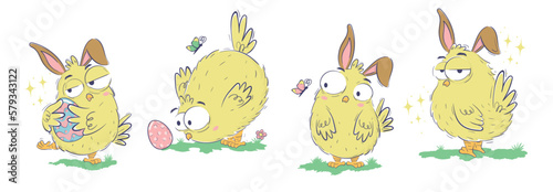 Clipart collection of funny chicks with easter eggs and bunny ears in doodle sketch style. Hand drawn horizontal banner with funny domestic birds