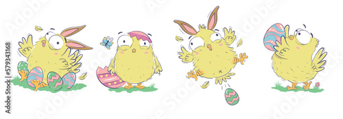 Clipart collection of funny chicks with easter eggs and bunny ears in doodle sketch style. Hand drawn horizontal banner with funny domestic birds
