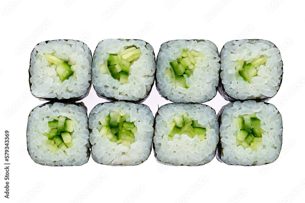Set of Japanese mini sushi rolls with cucumber, rice, nori, isolated on white.