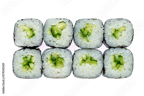 Set of Japanese mini sushi rolls with cucumber, rice, nori, isolated on white.