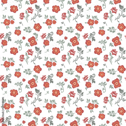Seamless vintage pattern on a white background. Small red flowers with green leaves. Vector texture. Fashionable print for textiles and wallpaper.