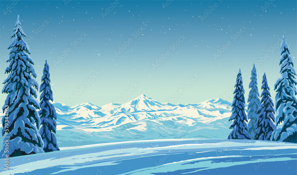 Winter landscape with snow-covered Mountains illuminated by the winter sun, and standing in the foreground with snow-covered fir trees. Vector illustration.