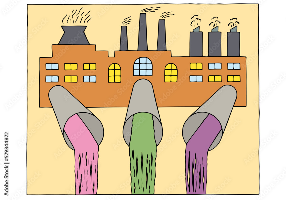 A factory with sewage pipes from which toxic waste flows. The problem