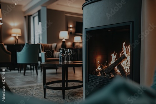 Cozy Fireplace in a Luxurious Hotel Room with Professional Color Grading and Soft Shadows