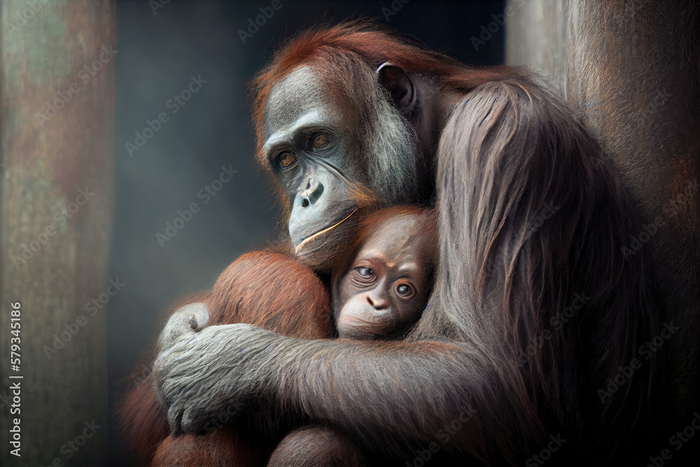 Mother and baby Orangutan portrait. Generative AI. Mother and baby Orangutan portrait. Generative AI.