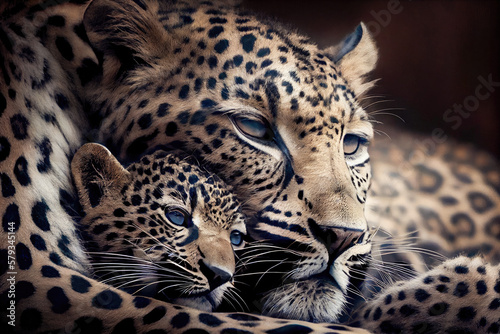 Mother and baby Leopard portrait. Generative AI. 