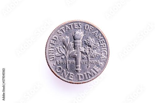 Obraz na plátně US one dime coin (ten cents) isolated on white with drop shadow – reverse - mint
