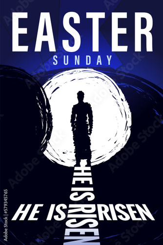 He is risen, Jesus Christ silhouette in open tomb. Easter Sunday or Good Friday concept for poster or banner design. Christ our Passover, tomb and resurrection Jesus. Vector illustration