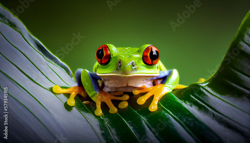 A red-eyed tree frog on a moist leaf generated by AI photo