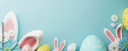 Easter party concept. Top view photo of easter bunny ears white pink blue and yellow eggs on isolated pastel blue background with copy space. 3d rendering.