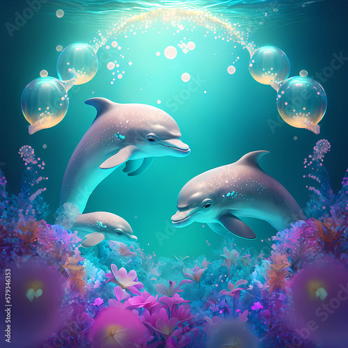 Dolphins play in the water. abstract background. generative AI © Olena Dziuba