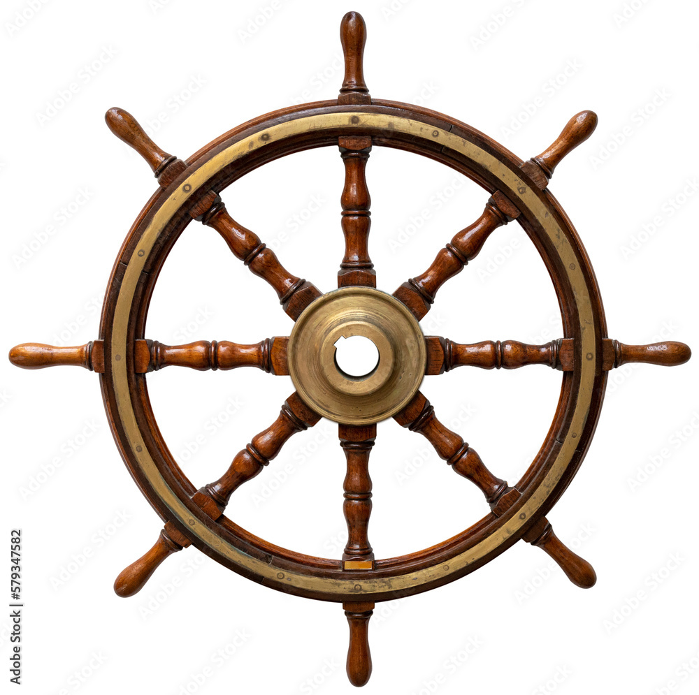 Old ship wooden steering wheel rudder isolated - obrazy, fototapety, plakaty 