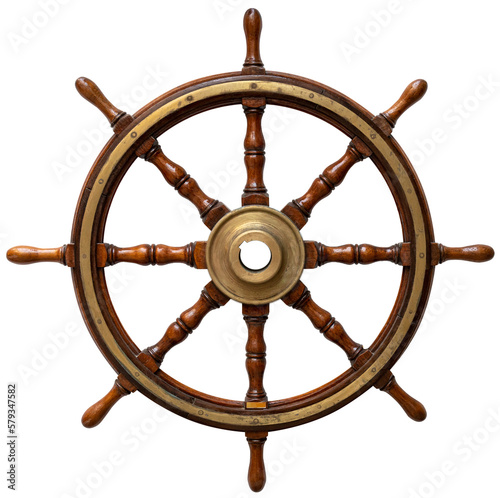 Papier peint Old ship wooden steering wheel rudder isolated