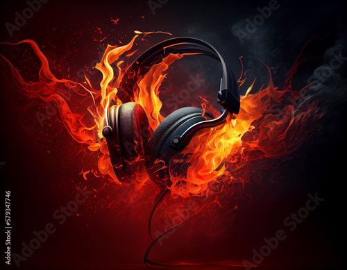 Fiery headphones on black background. Generative AI