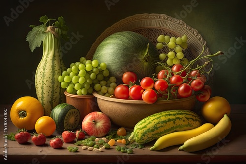 Natural still life for nutritious fare  featuring fruit and vegetable options like tomatoes  zucchini  melons  bananas  and grapes. Generative AI