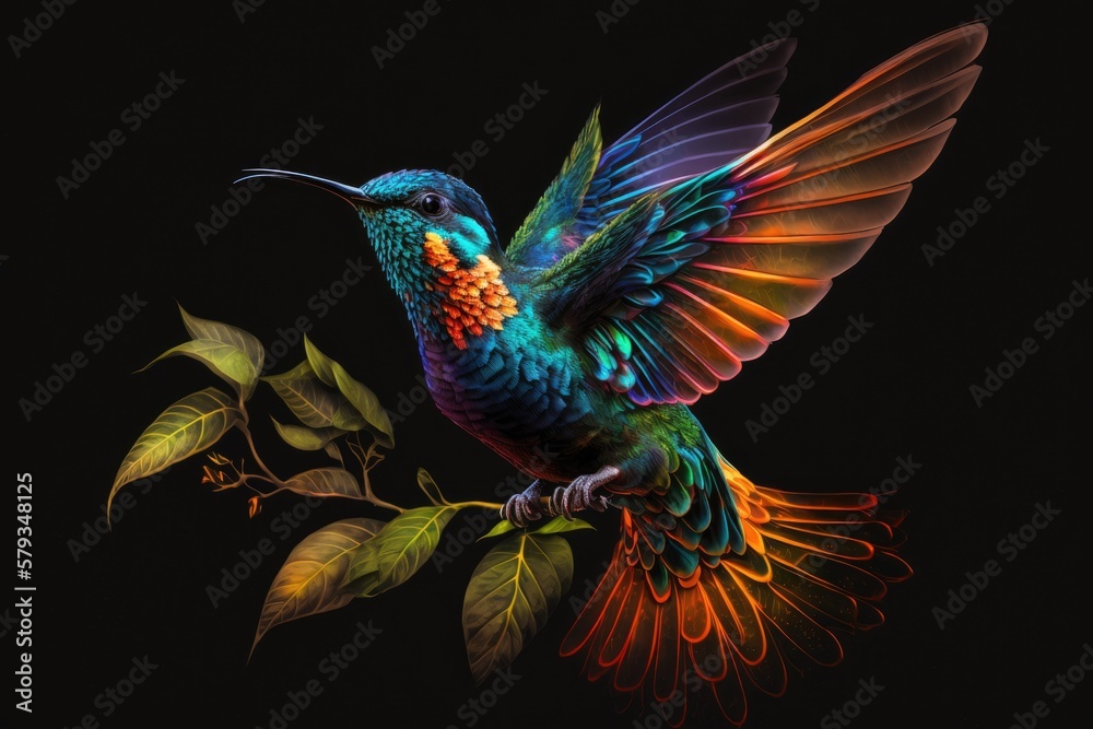 Obraz premium Panterpe insignis, often known as the fiery throated hummingbird, is a brilliantly colored, swift flier. Scene of wild animals taking off from a tropical bush at night. Costa Rica's brilliantly colore