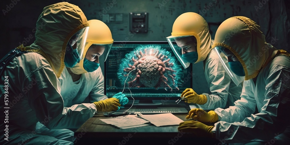 A group of people in hazmat suits attempting to extract a cyber virus from a patient's brain using advanced technology , Generative AI A group of people in hazmat suits attempting to extract a cyber virus from a patient's brain using advanced technology , Generative AI
