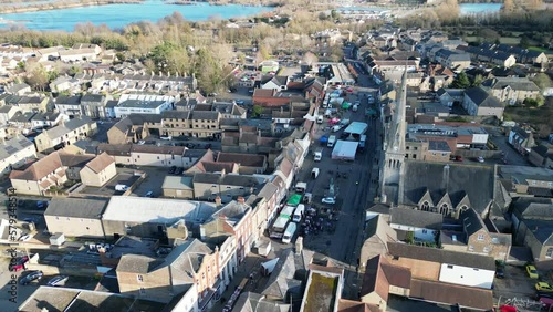 Market in town centre St Ives Cambridgeshire UK drone aerial view photo