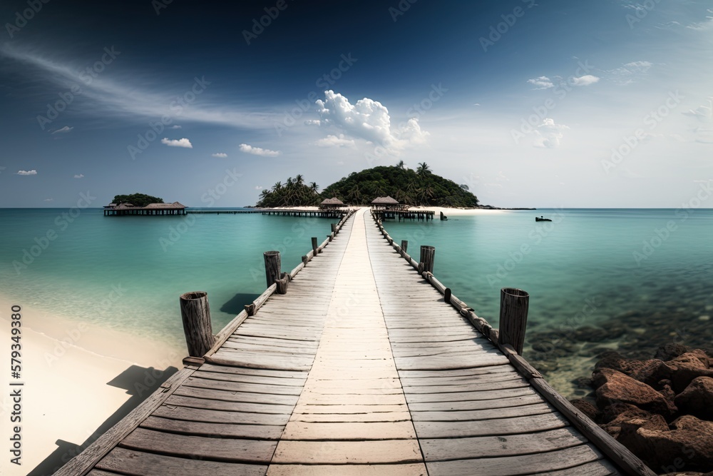 Obraz premium The long, straight wooden pier on Koh Kham Island, with its stunning backdrop of blue ocean and a white sand beach, is a true picture perfect scene. Take a peek at Trat, Thailand's Koh Mak Island. Lig