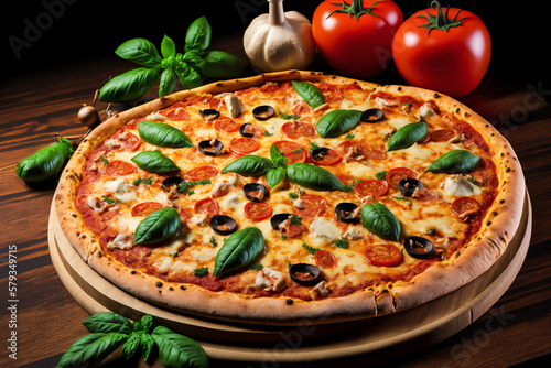 Classic rustic homemade Italian pizza with mozzarella, tomatoes, olive and basil. Food generative ai