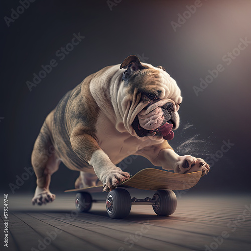 British bulldog riding skateboard, generated AI, generated, AI